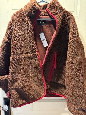 UGG Kids' Brown Sherpa Puffer Jacket with Red Trim